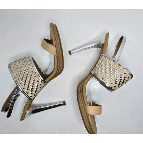 Coach Steffi Woven Slingback Stiletto Heels Silver Metallic Tan Leather 11 B - Picture 7 of 11